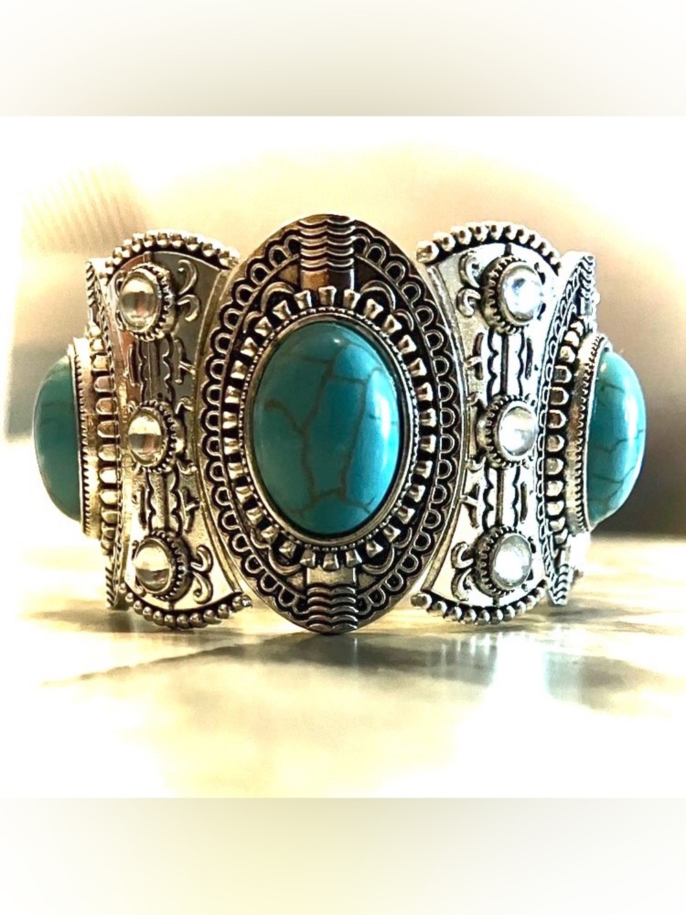 Turquoise Stone Silver Cuff Bracelet - Women Jewelry
